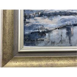 William Burns (Northern British 1923-2010): 'Winter Scene', oil on board signed, titled verso 40cm x 50cm Provenance: Direct from the family of the artist.
Notes: Born in Sheffield in 1923, William Burns RIBA FSAI FRSA studied at the Sheffield College of Art before the outbreak of the Second World War, during which he helped illustrate the official War Diaries for the North Africa Campaign, and was elected a member of the Armed Forces Art Society. On his return, he studied architecture at Sheffield University and later ran his own successful practice, being a member of the Royal Institute of British Architects. However, painting had always been his self-confessed 'first love', and in the 1970s he gave up architecture to become a full-time artist, having his first one-man exhibition in 1979.