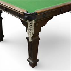 Riley - late 20th century Riley slate bed snooker table with dining table leaves, rectangular baize playing surface within a moulded hardwood frame with studded frieze rails and leather pocket mounts with net bags, raised on four square tapering fluted supports with block feet, with associated dining table leaves, with various cues, chalks, snooker and eight ball pools