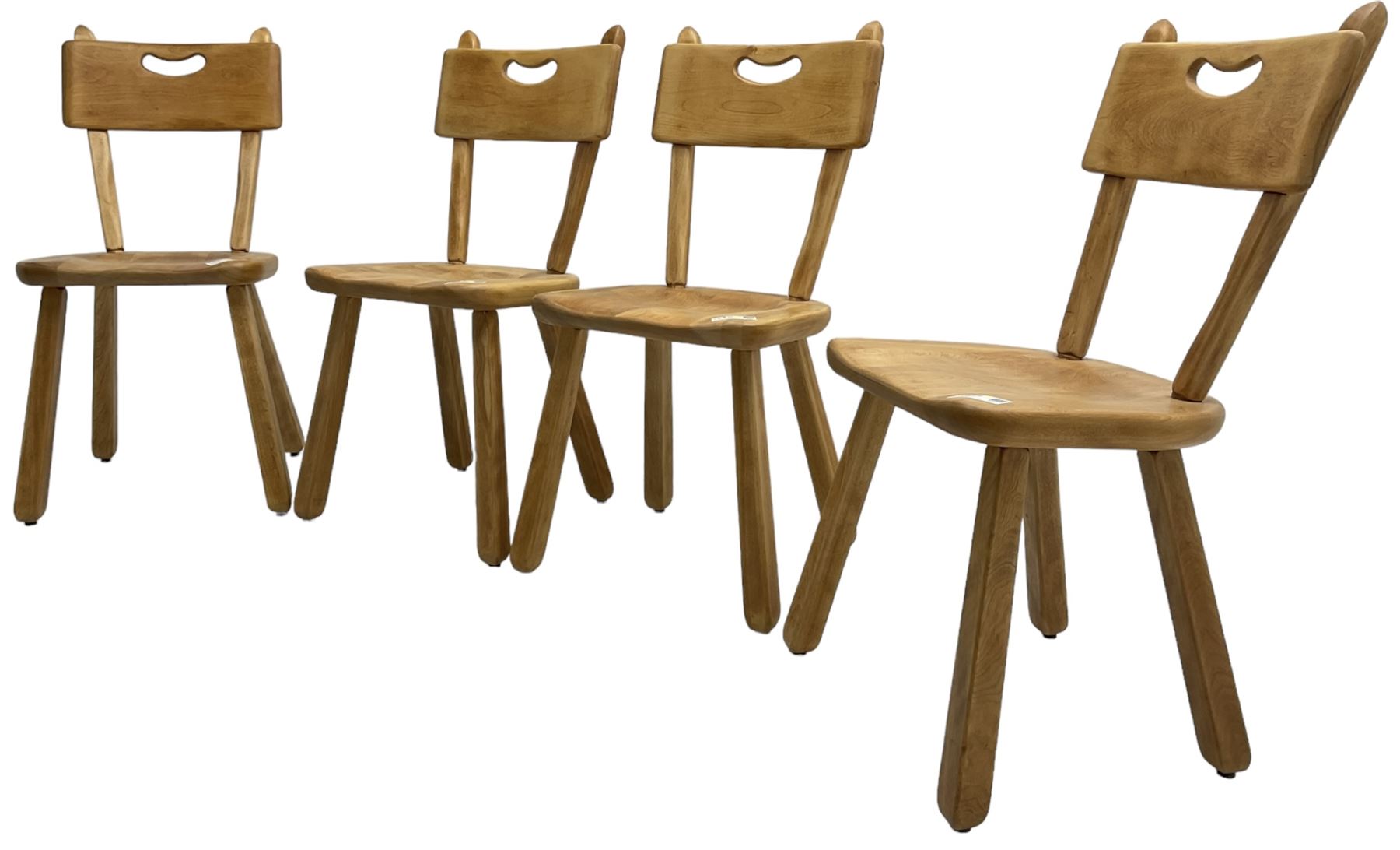 Imperial Canada - set of four mid-20th century birch dining chairs, bar back with pierced handle, dished seat on square tapered splayed supports