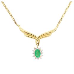 14ct gold oval cut emerald and round brilliant cut diamond cluster pendant necklace, stamped
