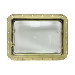 Rectangular brass porthole with hinged window, H46cm, L66cm