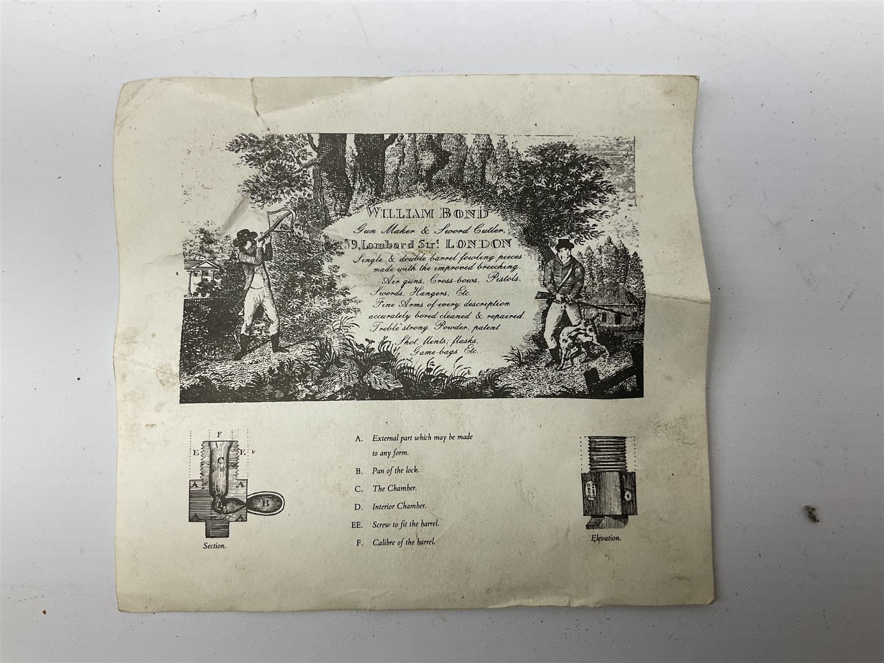 Early 19th century flintlock 16-bore overcoat/duelling pistol by William Bond Lombard Street London, the 23cm octagonal brown stub twist damascus barrel with small foresight, two barrel pins and ram rod under, inscribed Lombard Street London to the top and W. Bond to the action, full walnut stock with lightly engraved steel furniture, pineapple finial and escutcheon, half cock facility L39cm; loose mounted on later mahogany display stand with trade label