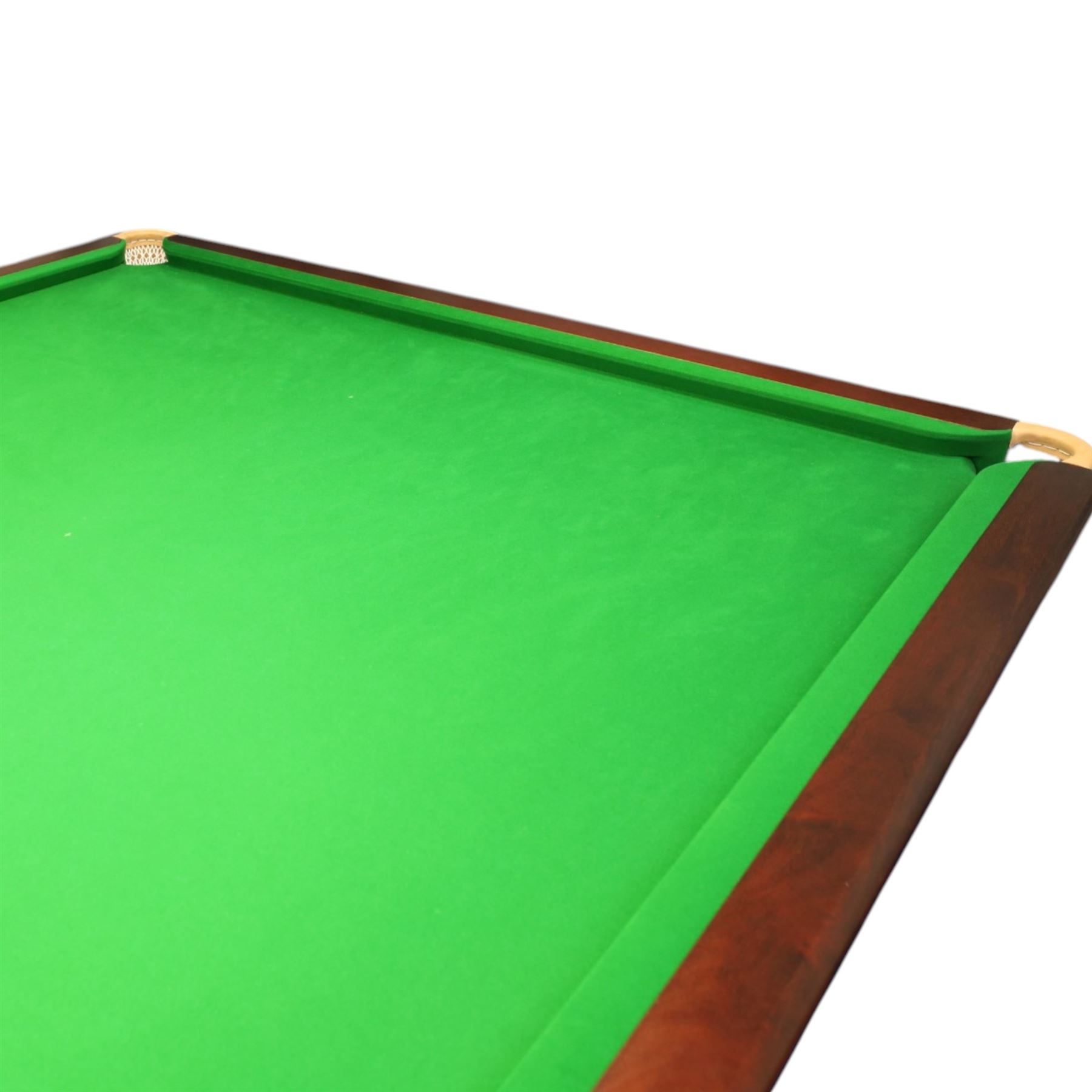 Riley England - full size snooker table, traditional timber framed table fitted with green baize cloth, leather drop pockets, turned legs with stretcher bars, slate bed; with accessories to include, cues and stand, rests, ball, iron, brush and cover