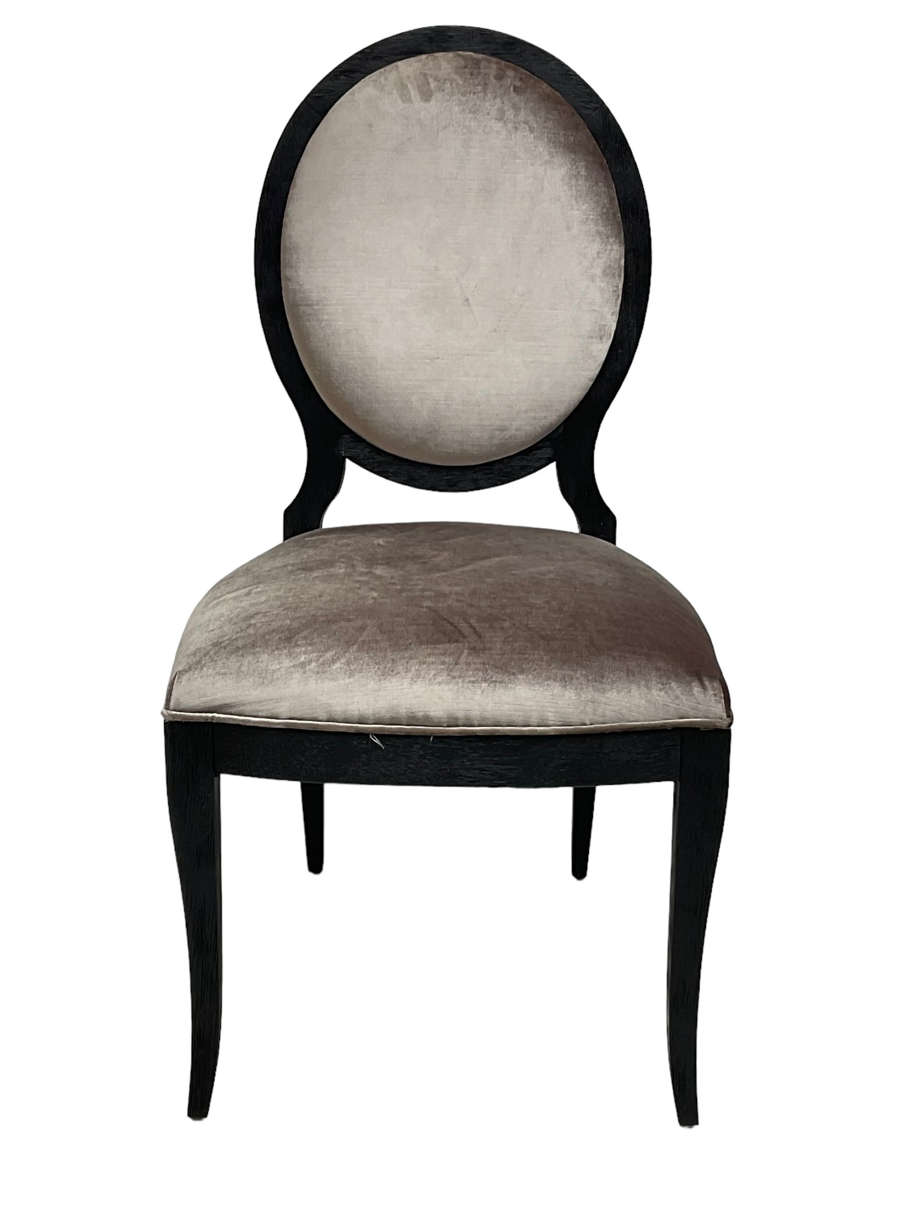 India Jane Interiors - Pair of French design cameo back dining chairs, upholstered in silver velvet fabric ebonised frame, on square tapering supports with splayed feet - ex-display/bankruptcy stock 