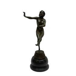 After Claire Jian Robertine Colinet (1880-1950); Art Deco style bronze, modelled as a dancing nude figure upon a marble base, H22cm