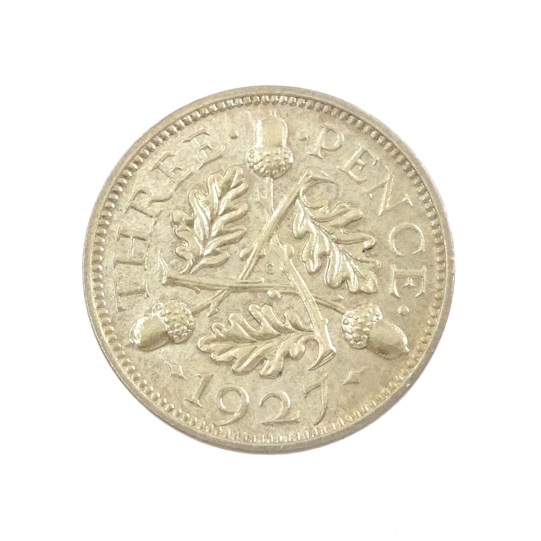 King George V 1927 proof coin set, comprising threepence, sixpence, one shilling, florin, halfcrown and 'wreath' crown, cased