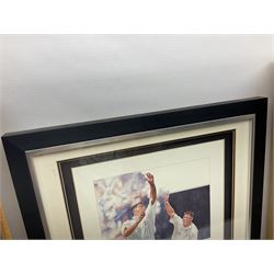 Two signed Yorkshire County cricket bats, bearing signatures including Anthony McGrath, Jacques Rudolph, Michael Vaughn and Matthew Hoggard, etc, both within glazed presentation boxes, box H86.5cm, together with a framed Darren Gough signed presentation print by Gary Keane