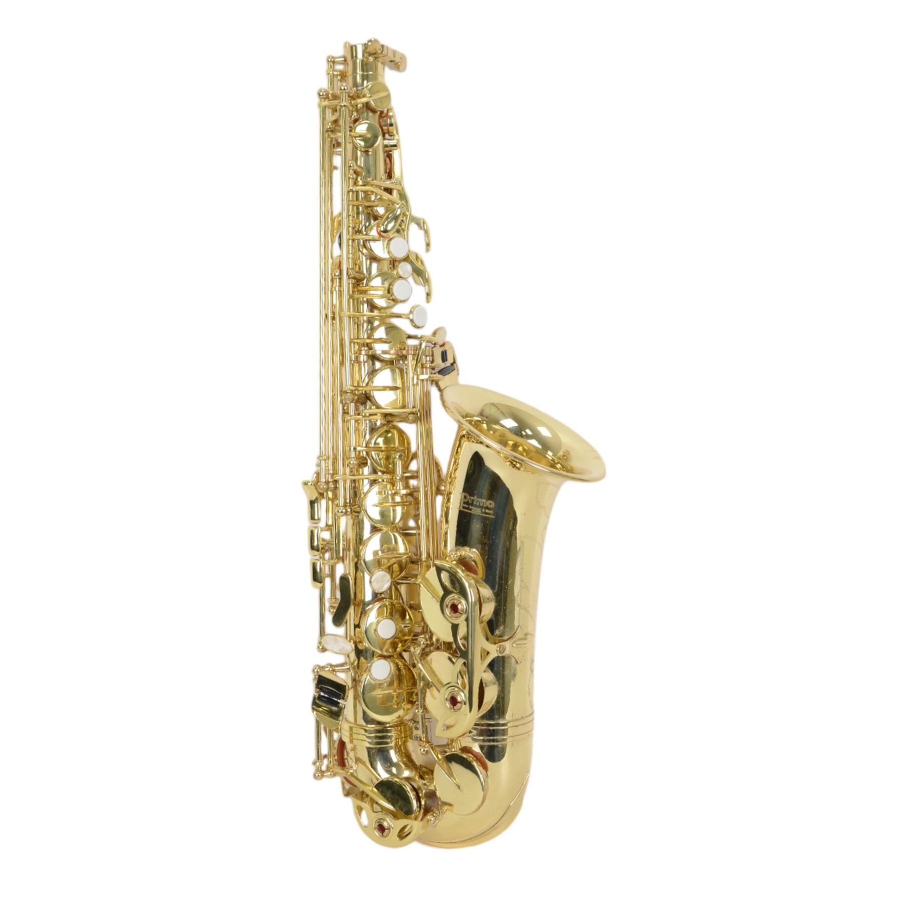 John Scheerer & sons Primo brand lacquered gilt Soprano Saxophone with mouthpiece, in a compact velvet lined hard case.