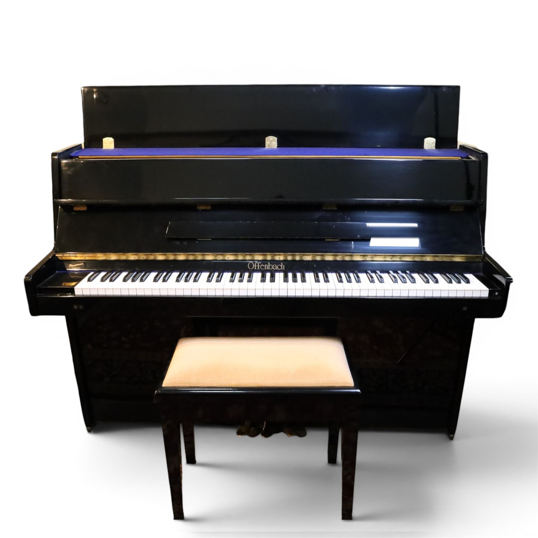 Offenbach by Daewoo model DU-4 upright piano, within high gloss ebonised case, circa 1990s serial no. 154804, with black wooden stool with velvet seat