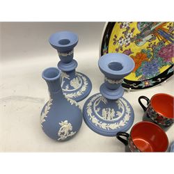 Pair of Wedgwood Jasperware candlesticks, together with further vase and trinket dish, Art Deco Solian Ware Soho Pottery four coffee cans and saucers, copper lustre, Bisto cup and saucer, Japanese plate, tallest H12cm