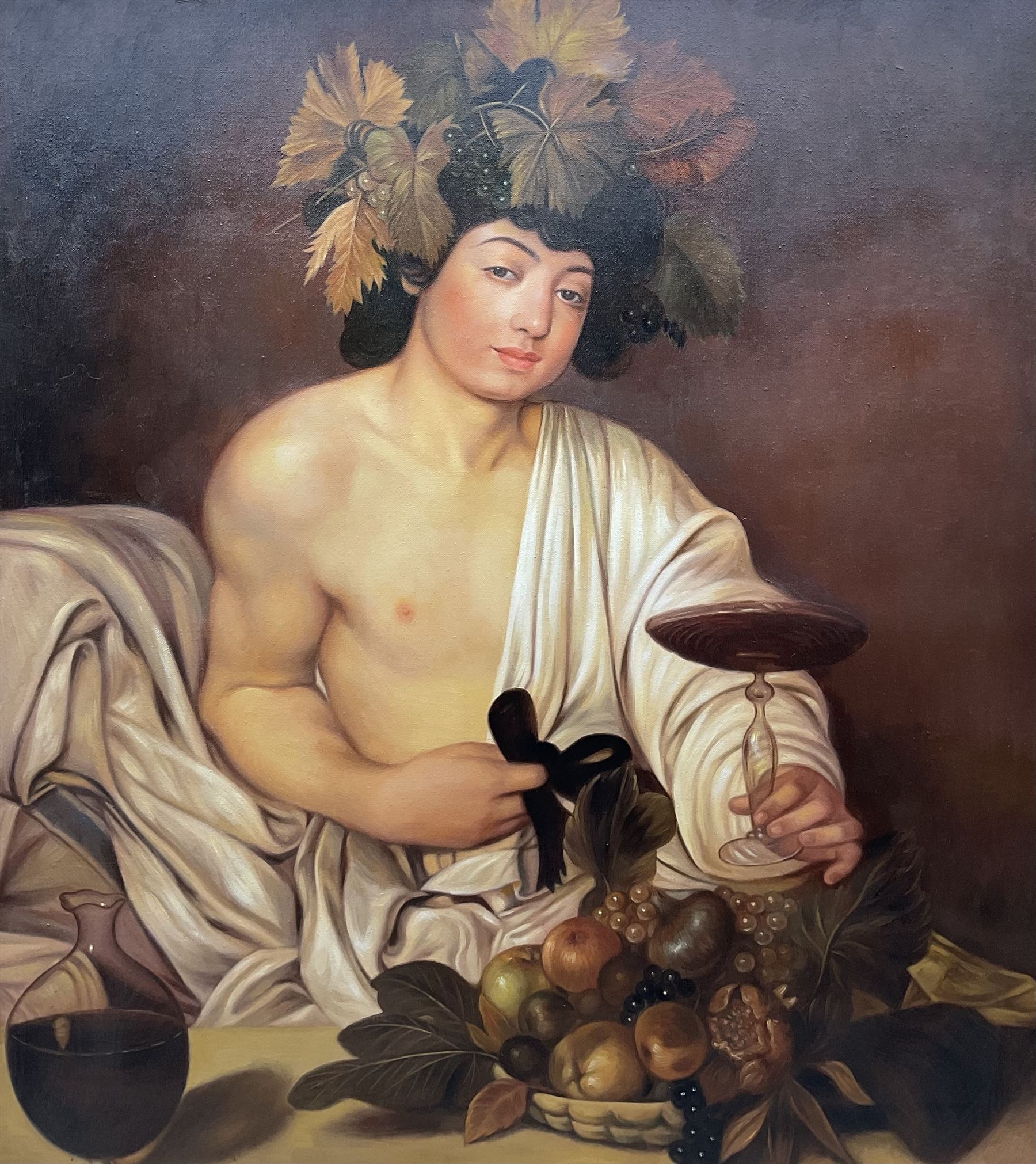 After Caravaggio (Italian 1571-1610): Bacchus, large oil on canvas unsigned 94cm x 83cm 