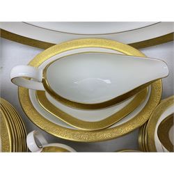 Wedgwood Ascot pattern part tea and dinner service, comprising eleven dinner plates, ten small dinner plates, nine bowls, eight dessert plates, seven saucers, nine tea cups, sauce boat and stand, milk jug, two twin handled soup bowls, serving dish and meat platter (60)