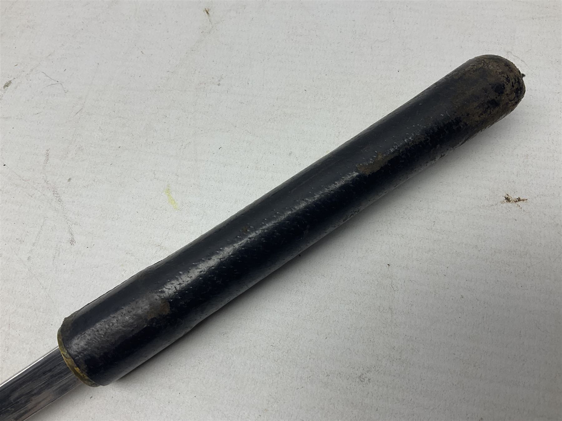 Early 20th century British Army Officer’s leather covered swagger / sword stick by Swaine & Adeney of 185 Piccadilly London; 34.5cm double edged spear point blade with etched foliate decoration and retailer’s details; stamped 'Forged in London' to the edge of the ricasso; L59.5cm overall