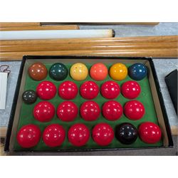 E J Riley billiard rules, together with Super Crystalate snooker balls, cue racks and a quantity of cues and extensions