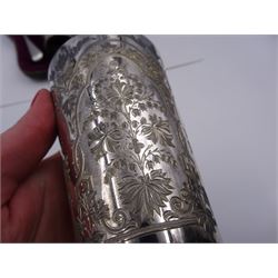 Victorian silver four piece christening set, comprising a beaker mug, napkin ring, fork and spoon, with bright cut floral decoration and monogrammed initials to each item, mug hallmarked Mappin & Webb (John Newton Mappin), Sheffield 1884, within tooled leather fitted case