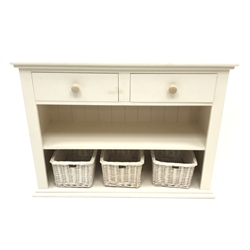 Cream painted pine side unit, two drawers above single shelf, three baskets, W110cm, H79cm, D41cm