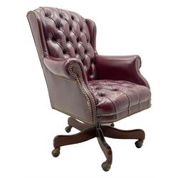 Hancock & Moore - swivel office desk chair, upholstered in buttoned burgundy leather with studded bands, five-spoke base on castors