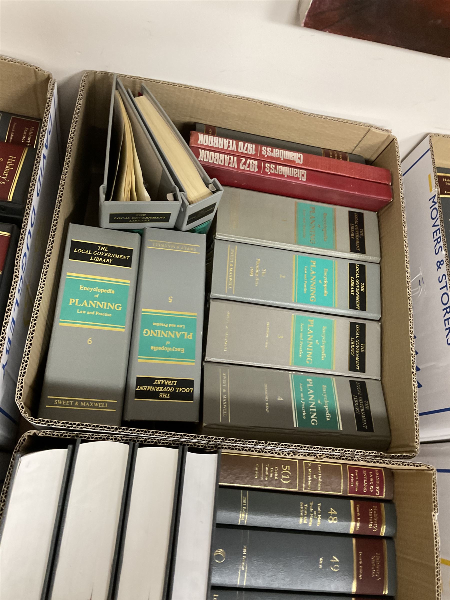 Large collection of law books, to include Halsbury’s Statutes, Atkin’s Court Forms, Current Law Year Books etc, in seventeen boxes