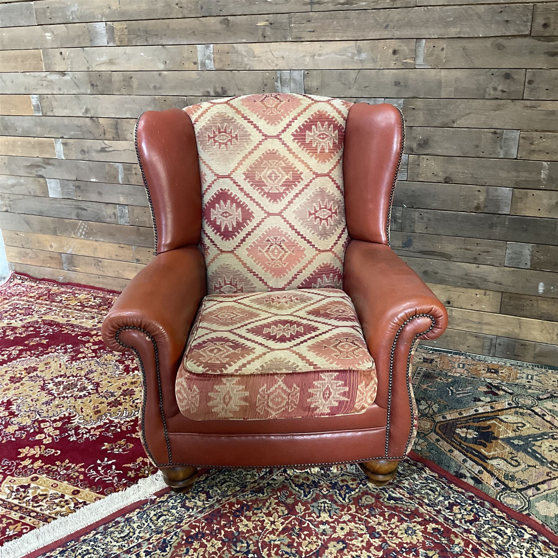 Tetrad Eastwood Wingback Leather Kilim Armchairs Brown with footstool,