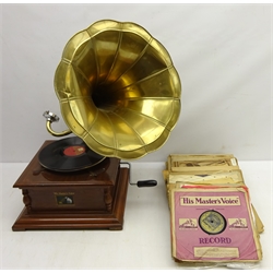  'His Master's Voice' windup gramophone with brass horn, W37cm x D42cm x H64cm and a collection of records  