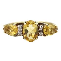 9ct gold three stone oval and pear shaped citrine and diamond ring, hallmarked