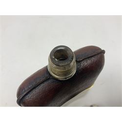 Silver plated glass and pressed leather hip flask, with swivel cap and removable cup, together with a similar oval example, engraved with wreath and initial B, tallest H16.5cm