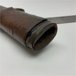 WW2 Japanese Army officer's shin gunto/katana sword with 67cm steel single edged blade, foliate cast brass tsuba, bound fish-skin grip with brass mounts, inscribed and painted marks to tang; in lacquered wooden scabbard with leather combat covering bearing four character marks L99cm overall