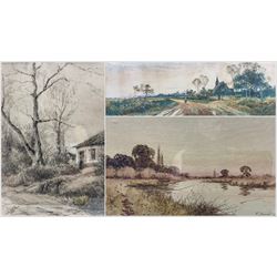 Sophia Sinclair RSA (British fl.1881-1889): The Walk Home, watercolour signed 17cm x 53cm; F Vincent: River Landscape, watercolour signed and dated '04, 15cm x 25cm; J Swift: Cottage, charcoal and chalk signed and dated 1935, 28cm x 19cm  (3)