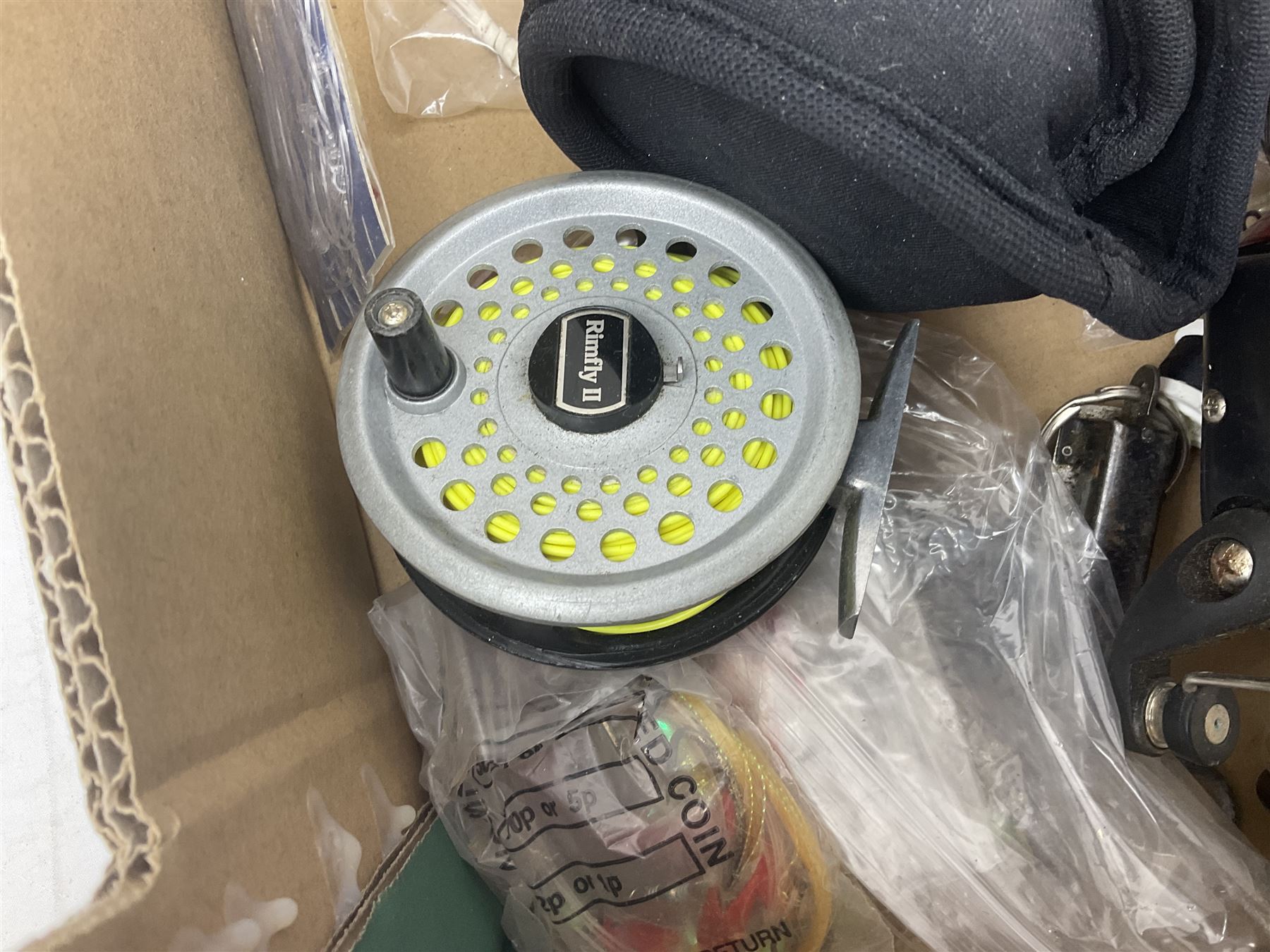 Quantity of fly and sea fishing rods and accessories, to include Shakespeare Boat 210 rod, Daiwa rod and others, and Guang Zhao FLD9000 course fishing reel, Beachmaster 7000FD, Rimfly II amd Penn Super Mariner, tackle etc