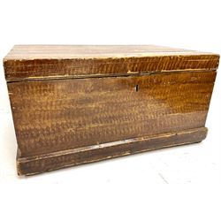 Victorian stained pine blanket box, single hinged lid, two metal carrying handles
