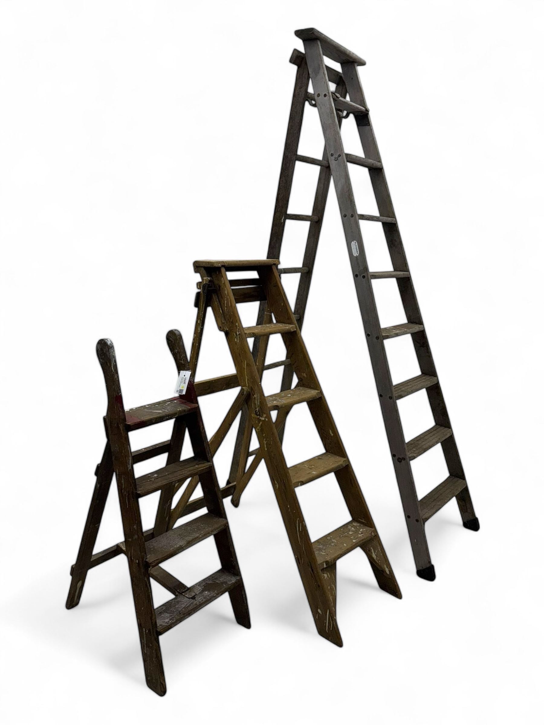 Slingsby - large pair of wooden ladders; G A Jones's - wooden steps; and a small wooden step ladder (3)