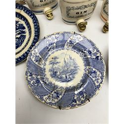 Chinese Canton Famille Rose plate, D14cm, four Wade ceramic decanters in the shape of barrels to include Gin and Whisky examples, and a quantity of other Victorian and later ceramics in one box