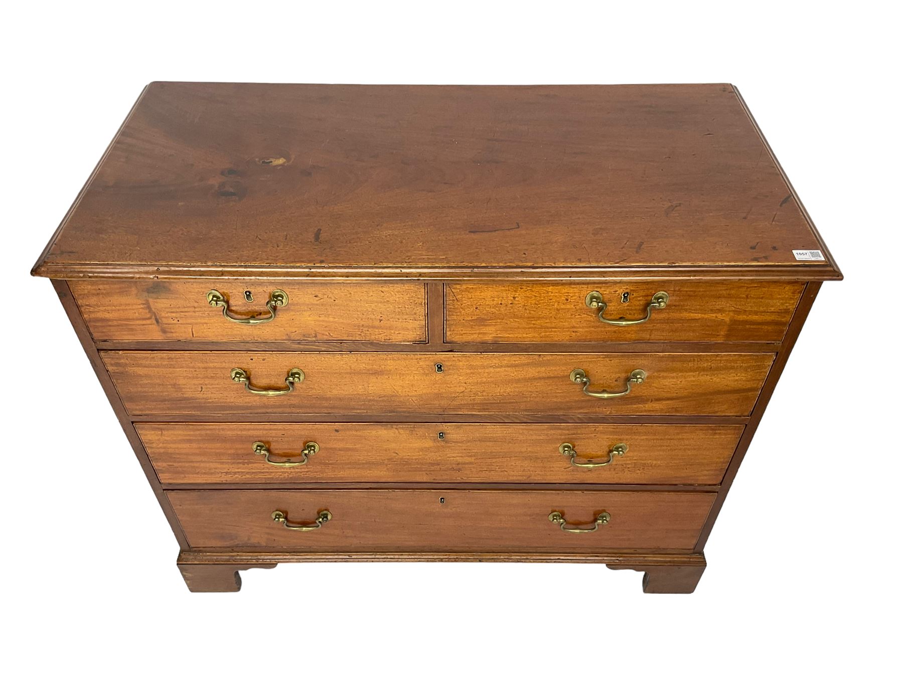 George III mahogany straight-front chest, fitted with two short over three long drawers, on bracket feet