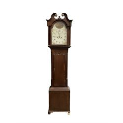 Holliwell & Son of Derby - mid-19th century oak and mahogany 8-day longcase clock, with a swans neck pediment and recessed break arch hood door, plain turned pilasters with brass capitals, trunk with quarter columns to the corners and a wavy topped trunk door, with a square plinth on bracket feet, painted break-arch dial with Roman numerals, minute track, five minute Arabic's and calendar aperture, floral spandrels and a painted oval to the arch, dial pinned via a false plate to a rack striking movement, striking the hours on a bell. With weights and pendulum.