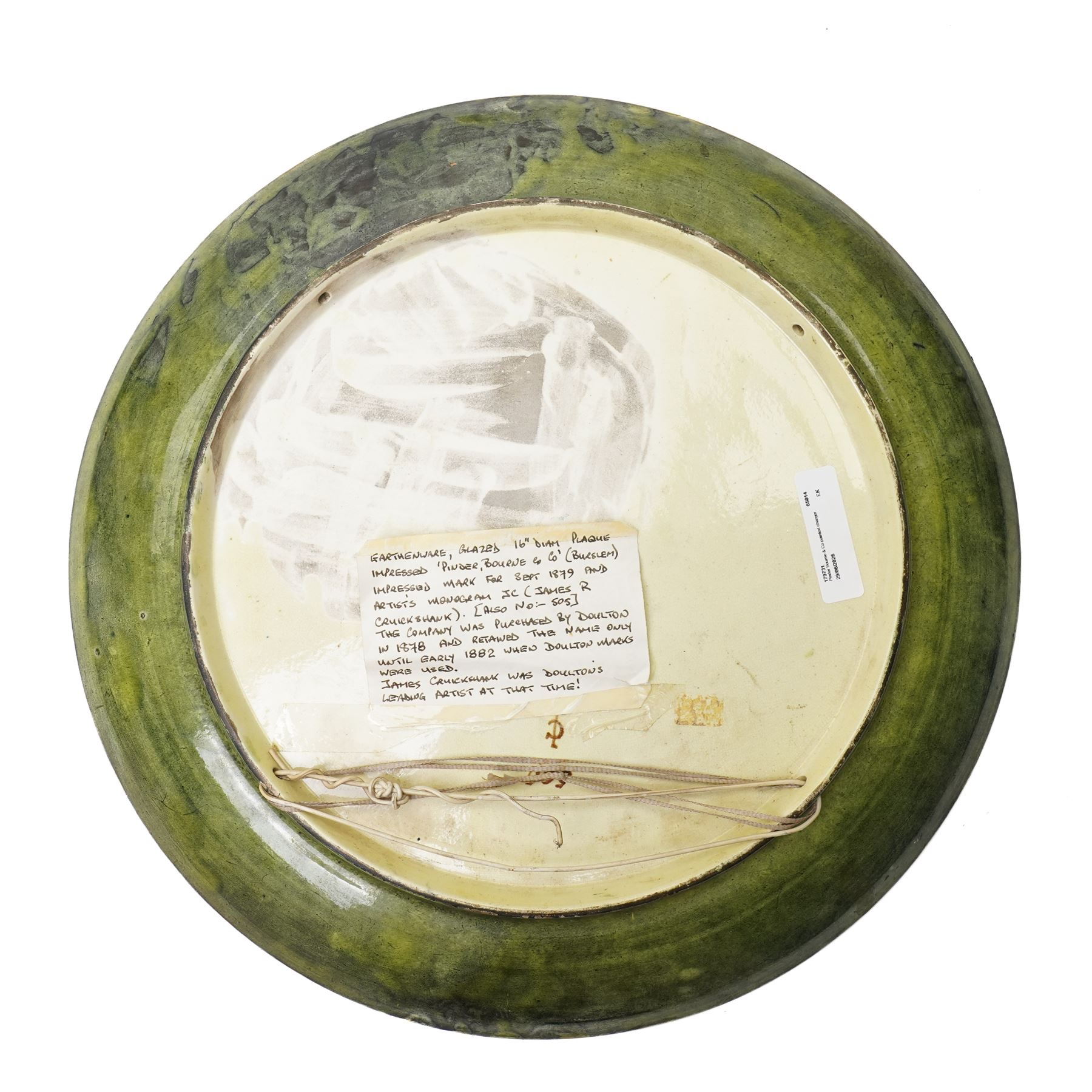 Pinder Bourne & Co hand-painted faience charger, c1879, by James R Cruickshank, depicting a bearded man in a tied black cap, impressed mark and with artists monogram to base, D40cm