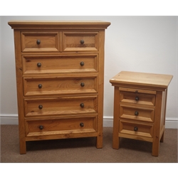  Light oak chest, two short and four long drawers, stile supports (W85cm, H119cm, D43cm) and matching bedside chest, one slide and three drawers  