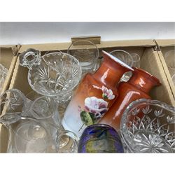 Four boxes of glassware to include painted vases, jugs, drinking glasses, art glass vase etc