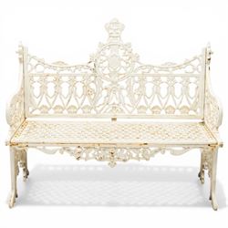 Victorian revival heavy cast iron garden bench, ornate back rest with scrolls, floral moti...