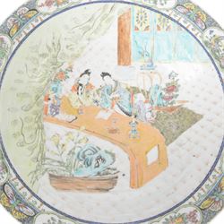 19th century Chinese Canton charger, decorated in polychrome enamels with figures to centre, bordered with panels of flowers and butterflies, D34cm