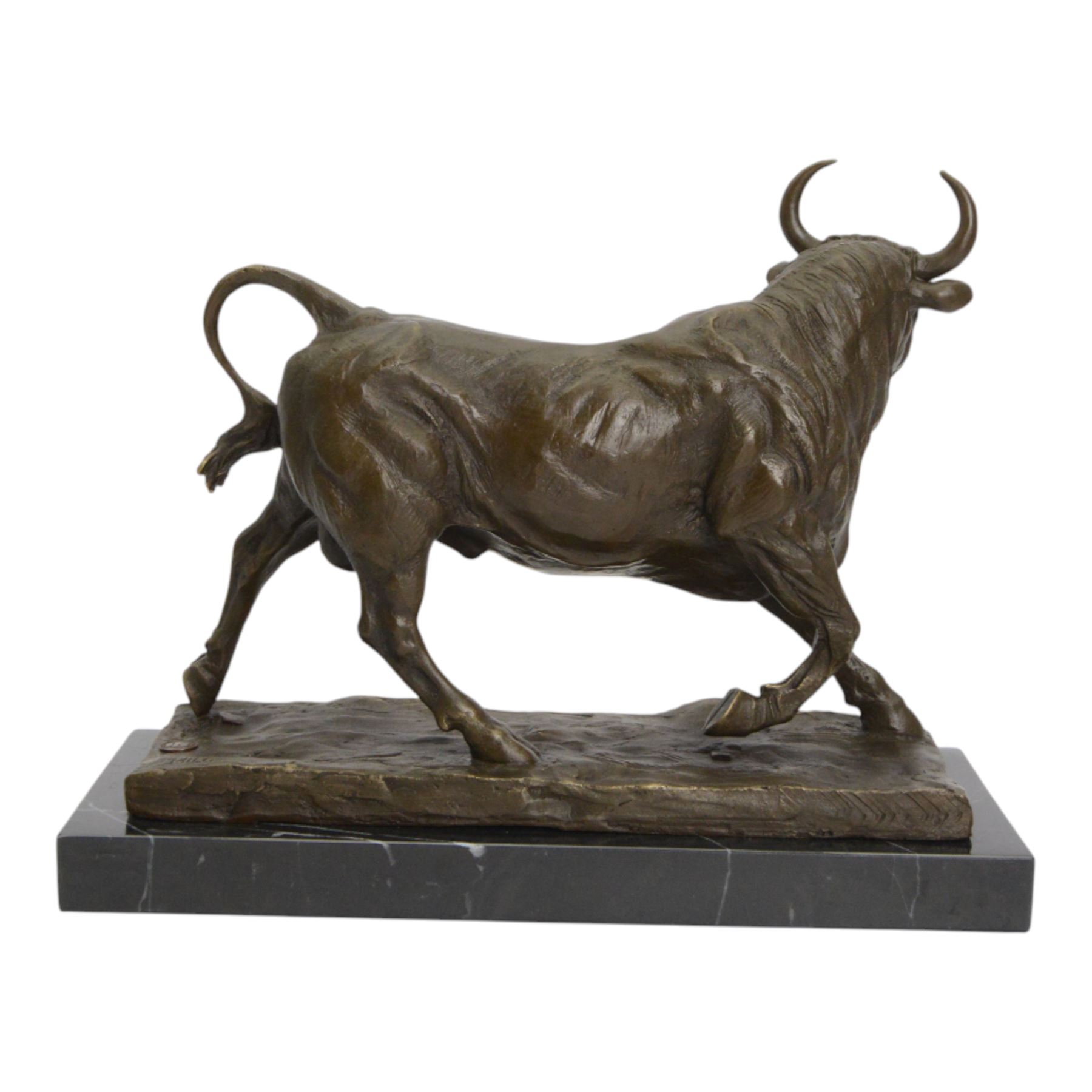 Bronze figure, modelled as a prancing bull, signed Milo, upon a marble rectangle base, base W36cm 