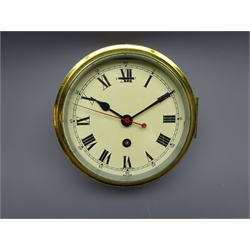  Smiths brass cased Ship's bulkhead clock, cream Roman dial with black hand and red sweep seconds, single train Astral movement, D20.5cm   