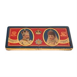 Edwardian silver and enamel Coronation chocolate box, the lid enamelled with oval portrait...