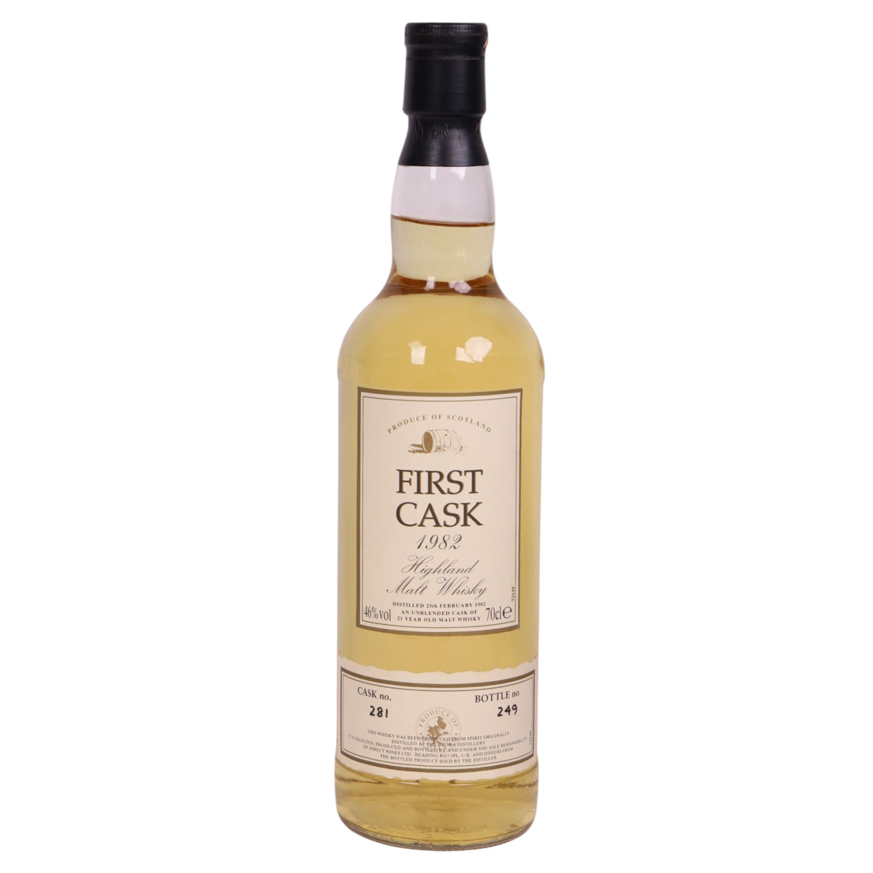 Brora, 21 year old Highland malt whisky, 70cl 46% vol,  First Cask; distilled 25th February 1982, bottled January 2003, from cask number 281, bottle number 249, with certificate 