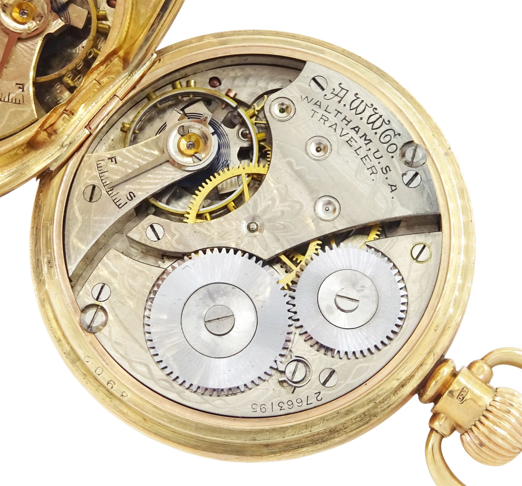Early 20th century 9ct gold full hunter, keyless 'Traveler' lever pocket watch by American Watch Company, Waltham, No.27663195, white enamel dial with Roman numeral hour markers and subsidiary seconds dial, case by Dennison, Birmingham 1933