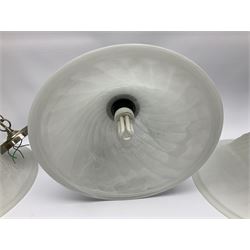 Three frosted glass light fittings with brushed metal mounts, approx L30cm excl fitting