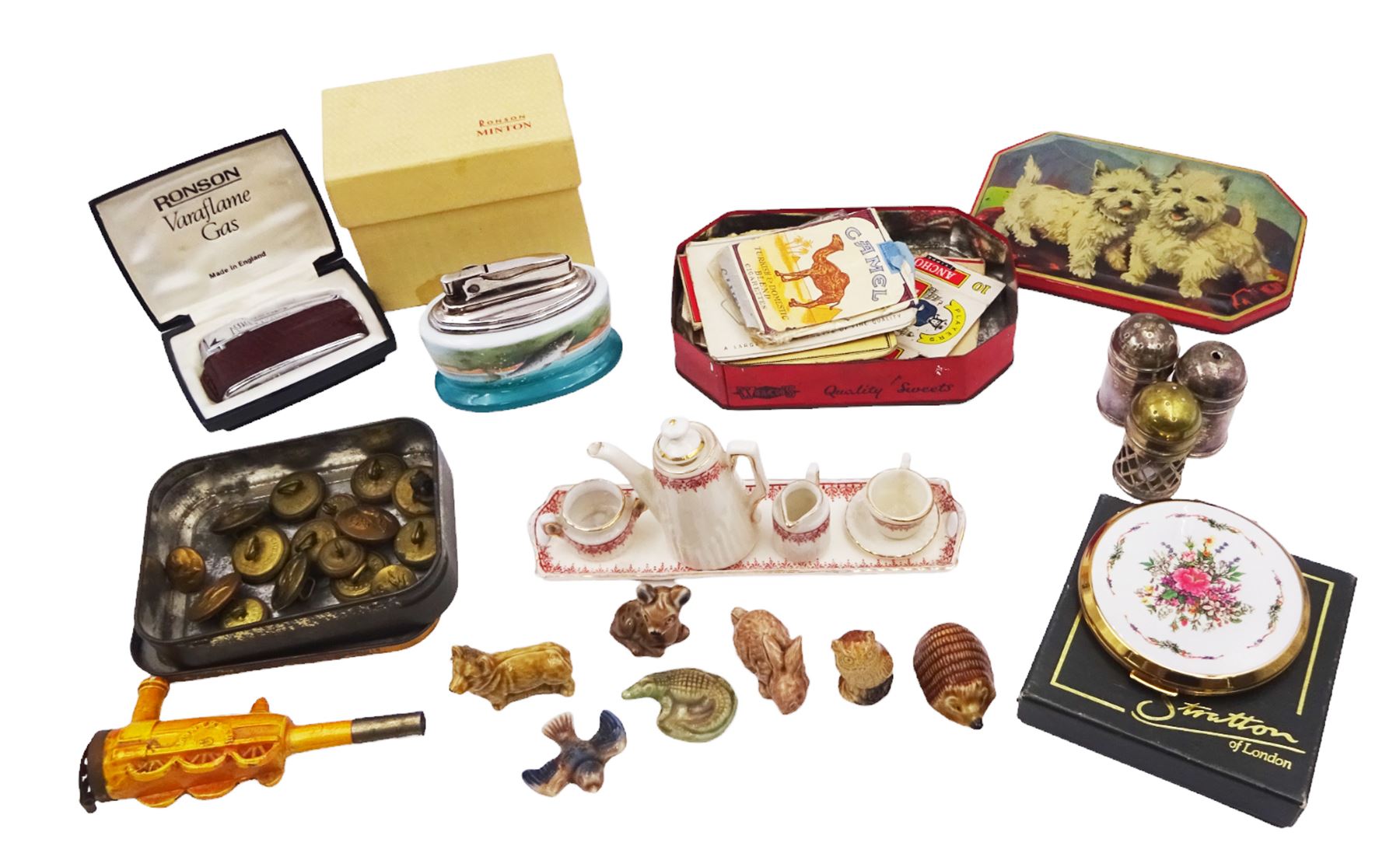 Minton table lighter decorated with a leaping salmon, signed T.Lee, with Ronson lighter mechanism, boxed, together with a Ronson Varaflame lighter, Stratton compact mirror, collection of Wade whimsies and a miniature Gemma teaset