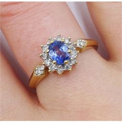 9ct gold oval sapphire and diamond cluster ring, hallmarked