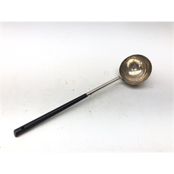  Christopher Dresser electroplate ladle with ebony handle, indistinct registration mark probably for 1880, L37cm  