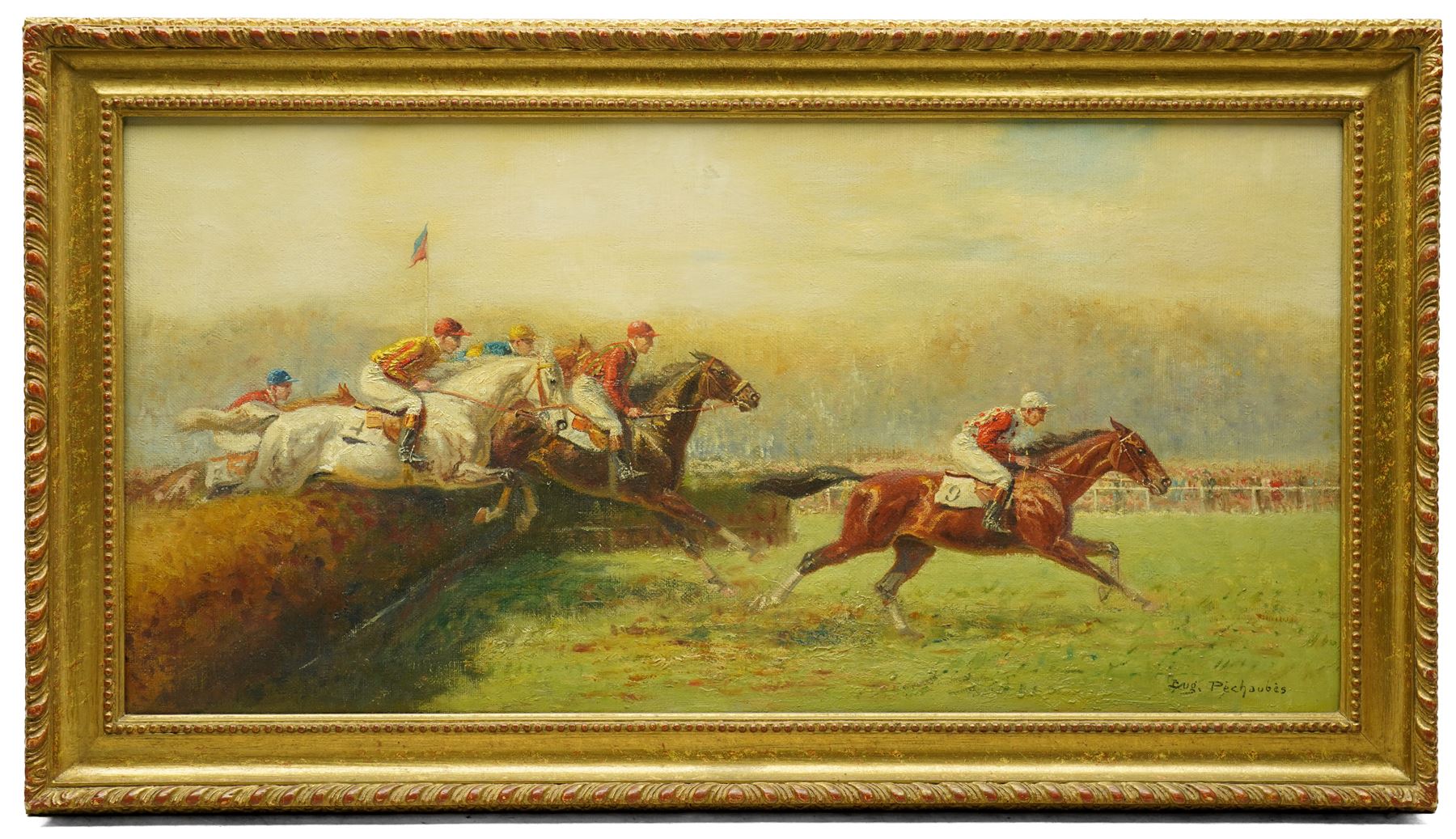 Eugène Péchaubès (French 1890-1967): 'Last fence at Auteuil' Paris, oil on canvas signed 39cm x 79cm
Provenance: purchased from Kensington Fine Art
