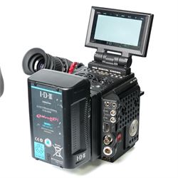 RED Epic-W Helium 8K camera body serial no. 13024E6A9, with RED EVF, three RED Mini Mag 512GB cards, one 480 Mini Mag card and reader, two RED V-Mount batteries and charger, RED top handle, Wooden Camera Easy Top top plate and one other top plate, various accessory cables, Wooden Camera bridge plate for 19mm studio rods, 12 inch Wooden Camera Dovetail plate and four 19mm studio rods to include two 380mm and two 610mm, with original Epic-W camera box and contained within a custom cut flight case